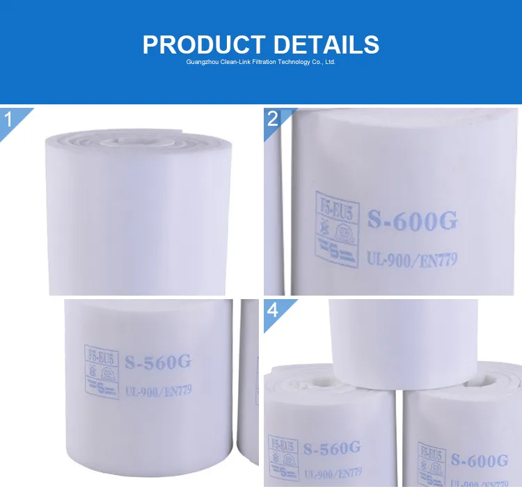 Clean-Link EU5/F5 Filtration 560g 600g with Glue High Efficiency Synthetic Ceiling Air Filter Media M6/M5 Jw-560 Filter Meida