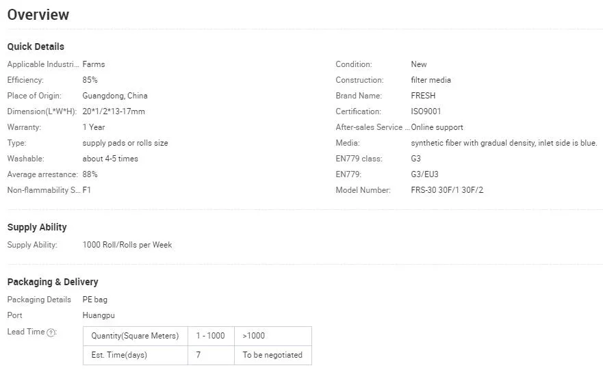 EU3 Pre-Filter Cotton Pre Filter Media Spray Paint Booth a Air Filter Media for Industry